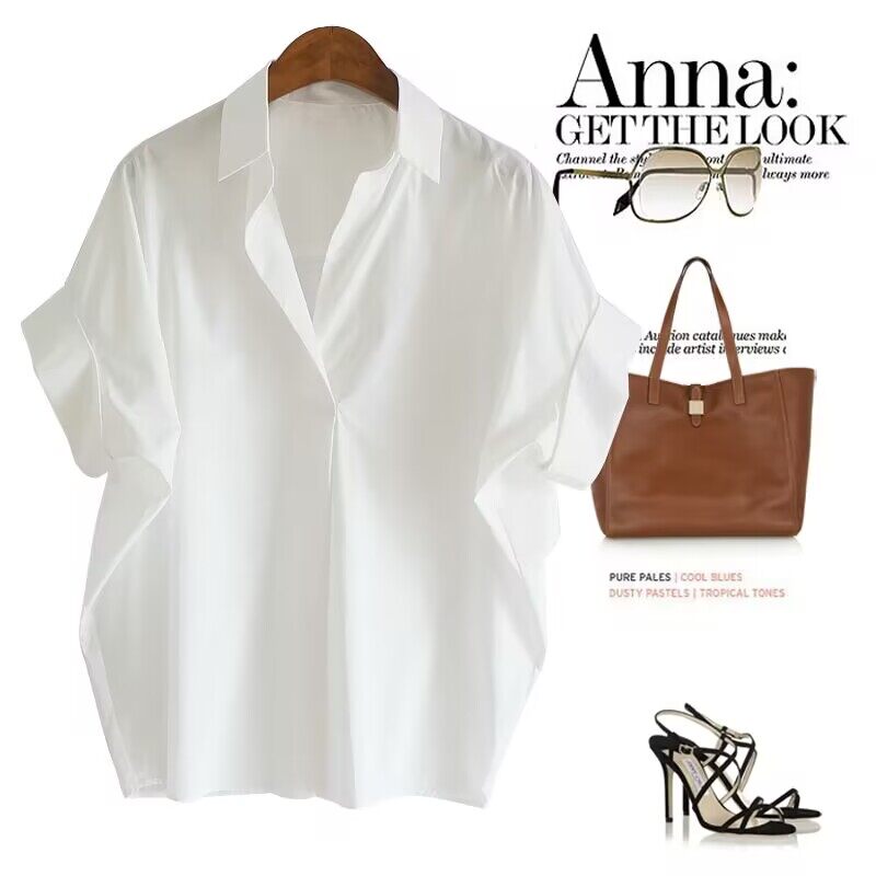 Yolo cánh dơi dáng thụng Tay Áo Áo Sơ Mi Phụ Nữ Mùa Hè Giản Dị Trắng Kaki Áo Blouse Đen Top
