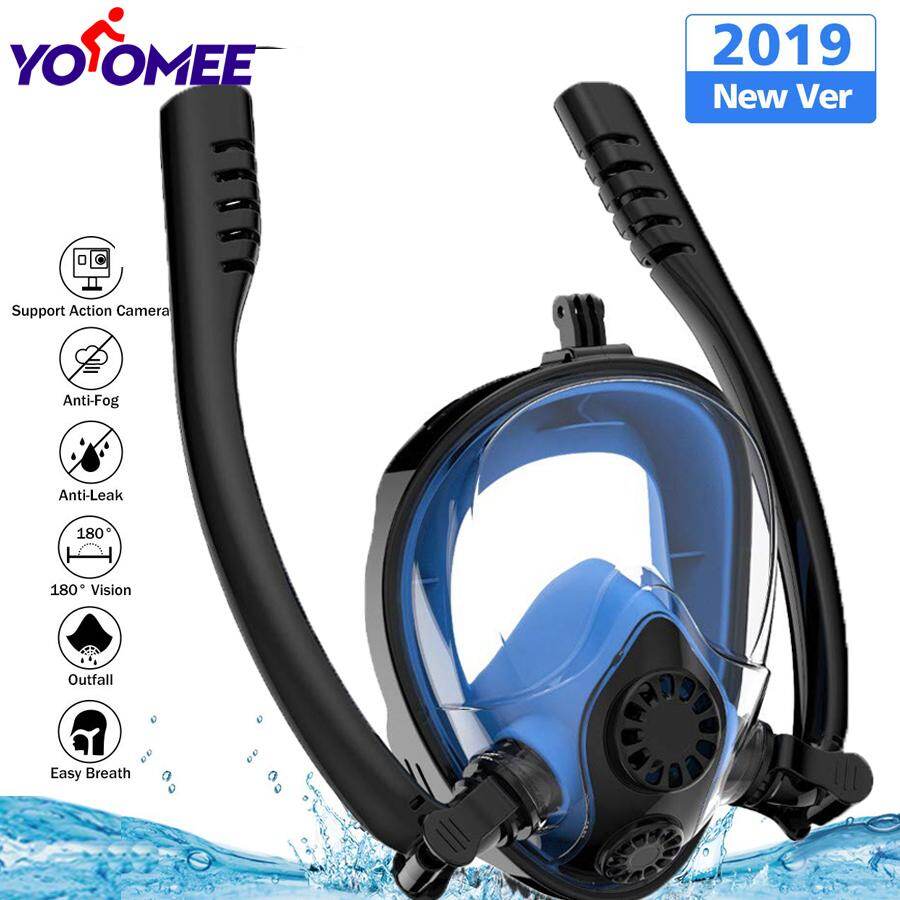 Yoomee Double Tube Snorkeling ,Full Face with Anti Fog 180° Panoramic View, Anti Leak Dry Top Set Free Breathing Snorkeling with Camera Mount