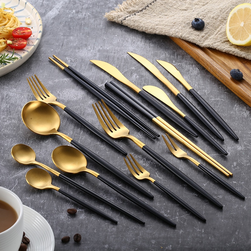 Matte Black 18/10 Stainless Steel Cutlery Tableware Coffee Spoon Salad Fork Chopsticks Flatware Set Dishwasher Safe