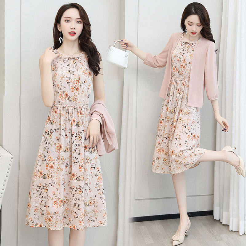 LUCKIN STORE Women Vintage Chiffon Floral Dress Summer Women's Skirts Korean Suit Skirts 2PCS Set