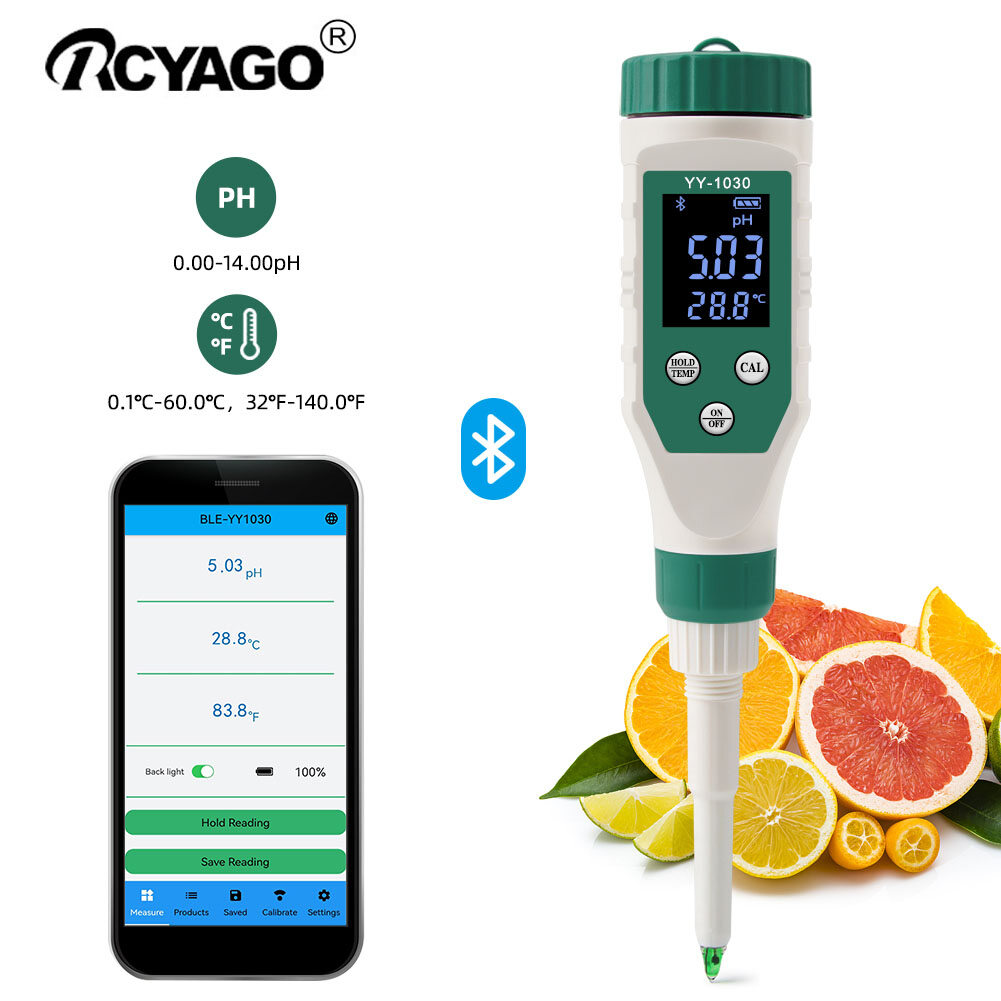RCYAGO Smart  Bluetooth PH Meter Water PH Meter for Food, High Precision ATC with Backlight, PH Analyzer for Dough, Meat, Fruit, Water, Soil, Cosmetics