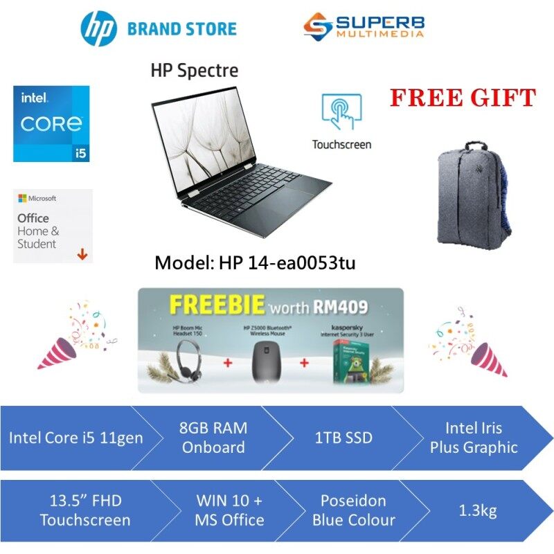 HP Spectre x360 Convertible 14-ea0053TU Laptop (Intel core i5, 8gb ram, 1tb ssd, 13.5 FHD TOUCH, Win10, OPI, Poseidon Blue) Malaysia