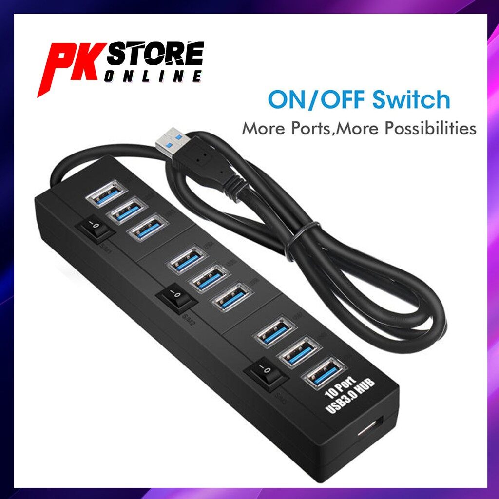 USB HUB 2.0 / 3.0 HUB 10 CHARGING PORTS WITH POWER ADAPTER ON/OFF ...