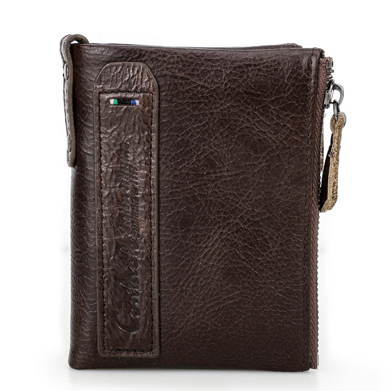 Genuine Leather Wallet for Men Vintage Bifold Double Zipper Coin Purse