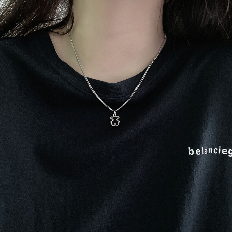 Fashion Jewelry Shop INS New Style Bear Smiley Face Double Necklaces Female Silver Color Metal Necklace Couple