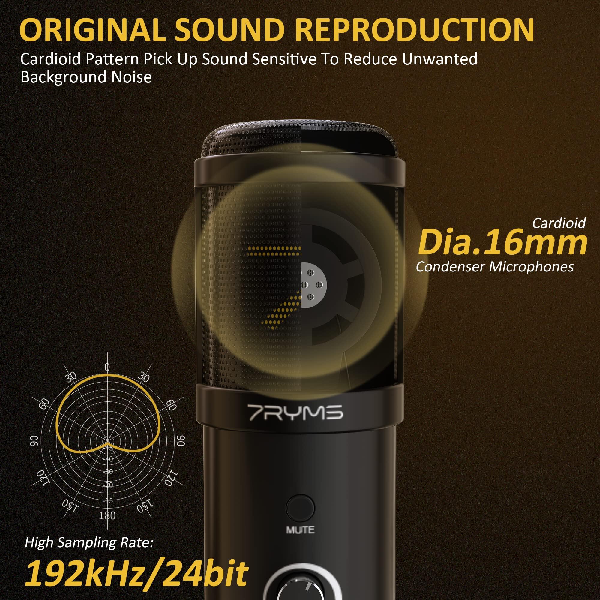 7RYMS Condenser USB Microphone SR-AU01-K2 Studio Microphone Kit with Desk Stand, Pop Filter and Real-time Monitor Gaming-Mic 192kHz/24bit Tape to Mute Microphone for PC for Streaming Podcast Recording ASMR, for Computer, Phone