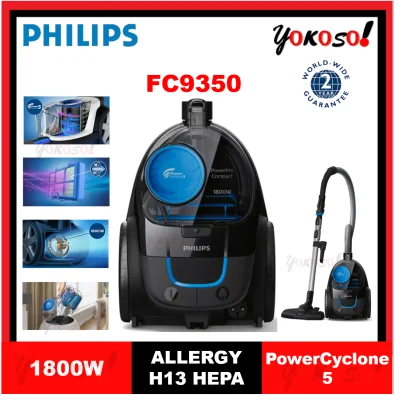 Philips FC9350 PowerPro Compact Bagless Vacuum Cleaner 1800W / PowerCyclone 5 / Allergy H13 HEPA Filter (FC9350/62)