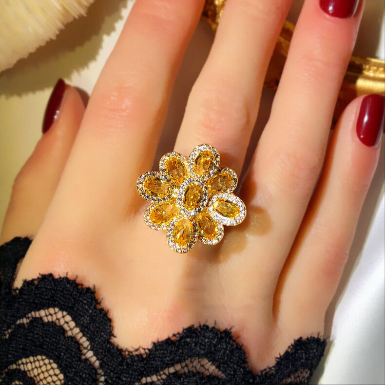Trang Sức Nữ Cá Tính Ba Chiều Citrine Nhẫn Hoa Nhẫn Mở