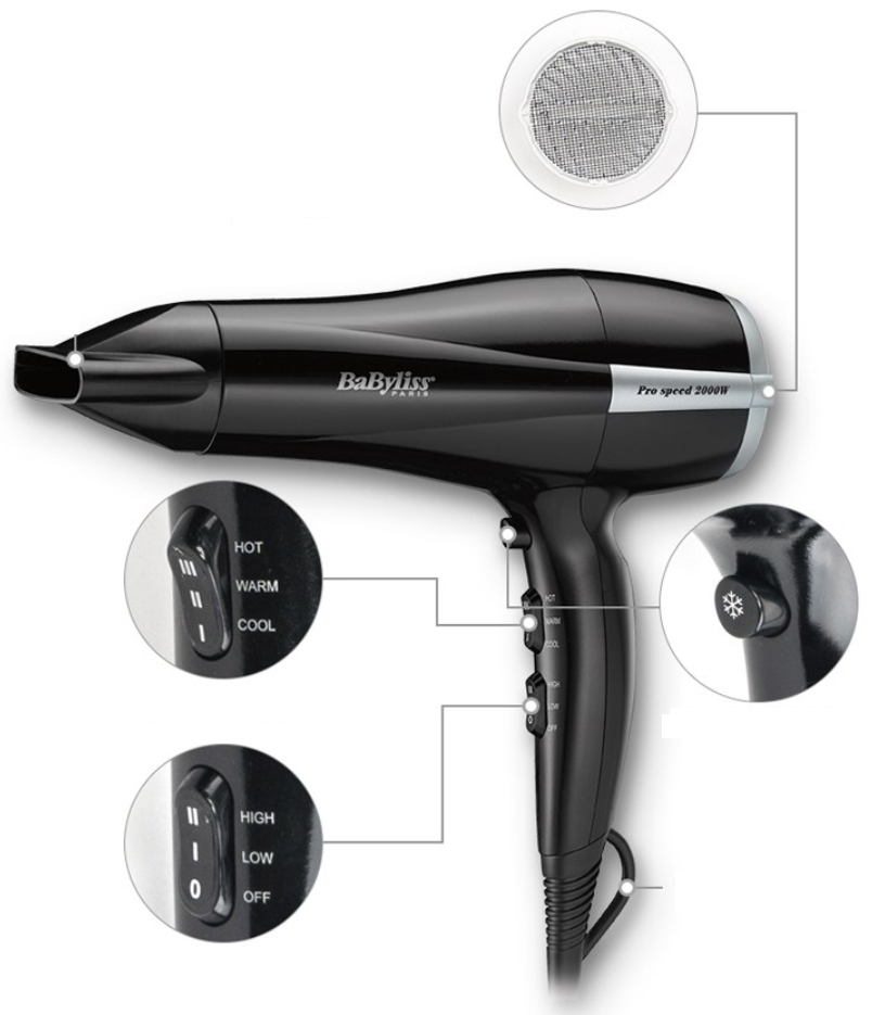 Babyliss Máy Sấy Tóc Ion Cao Cấp D105K 2000W ThermoProtect DryCare Hàn Quốc