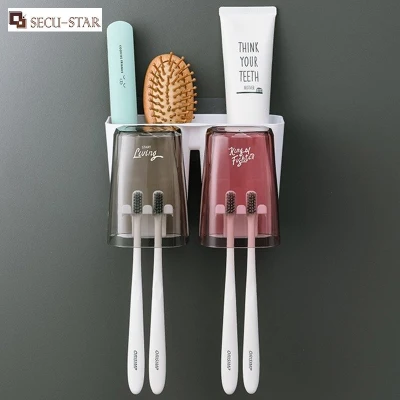 【Ready Stock】SECU-STAR Colorful Cup Toothbrush Holder Bathroom Automatic Toothpaste Dispenser Dust-proof Toothbrush Holder Rack Free Punching Wall-mounted Storage Rack
