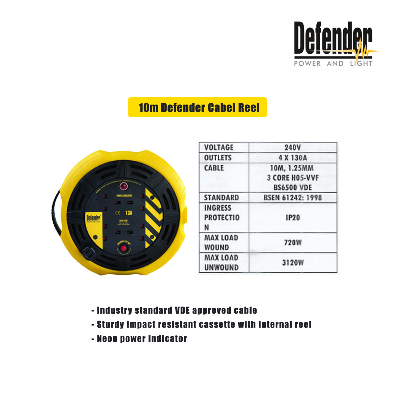 Defender 50M Industrial Trade Cable Reel - 13A 4 Way 1.25mm 240V