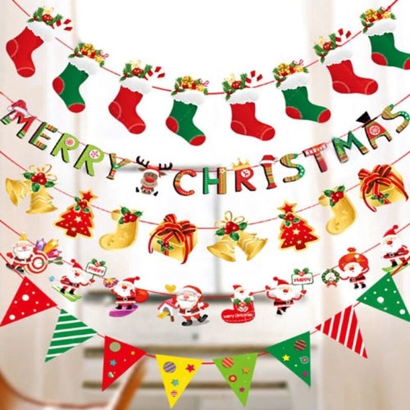 【beauty-sunshine】2.5M Christmas Wall Hanging Ornament Santa Claus Flag Banner Home Decor