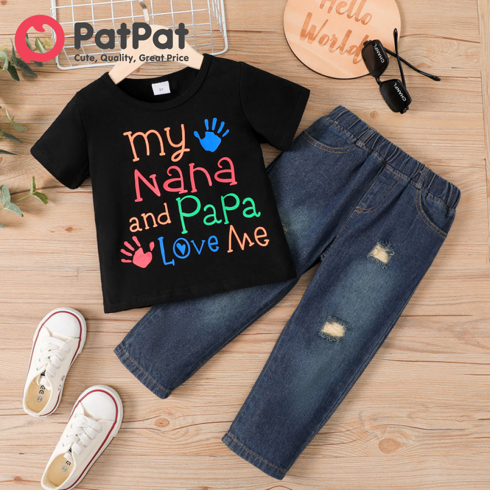 PatPat 2pcs Toddler Boy 95% Cotton Letters Print Short-sleeve Tee and Ripped Pockets Jeans Set