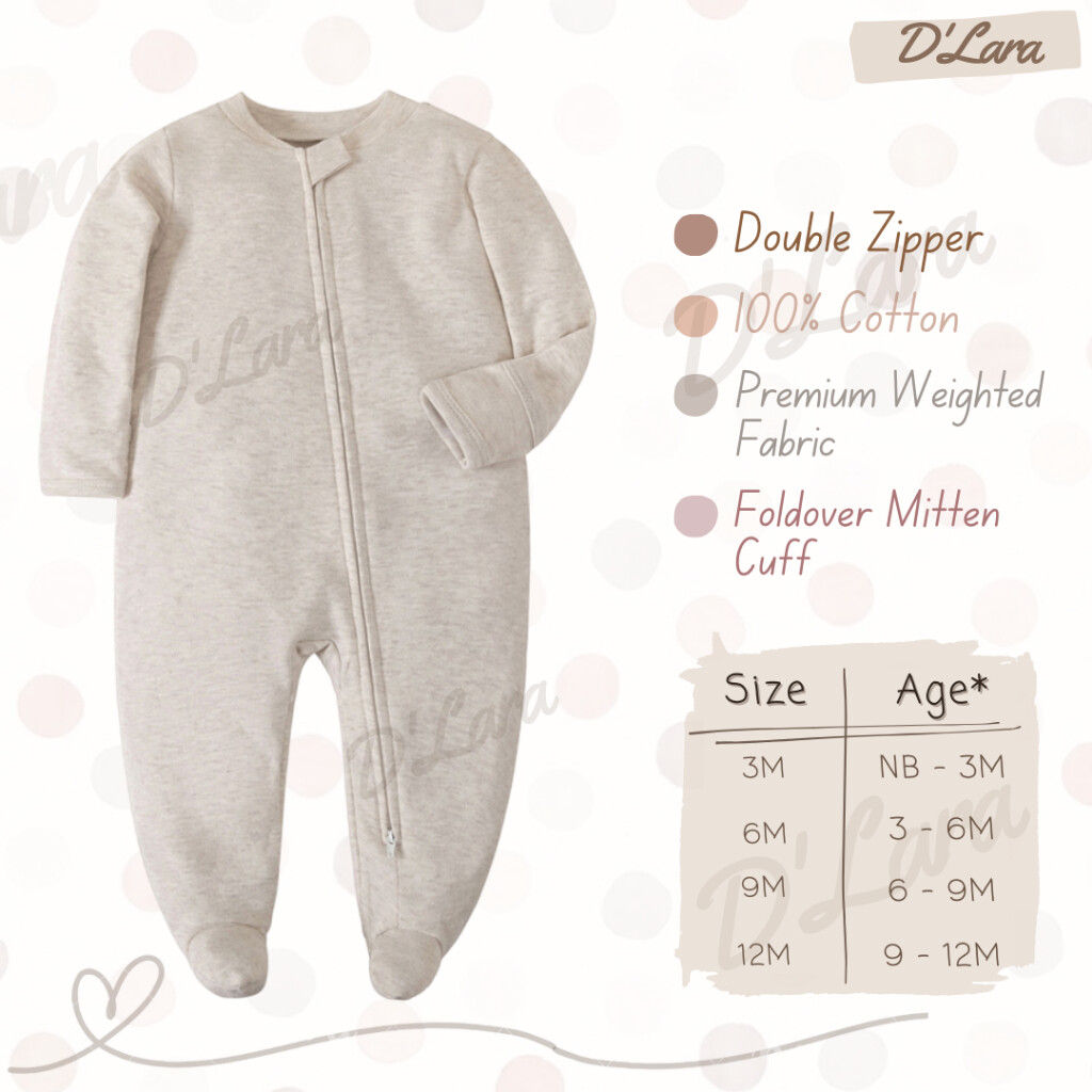 D'LARA Baby Cotton Footie Pajamas with Mitten Cuffs, Double Zipper