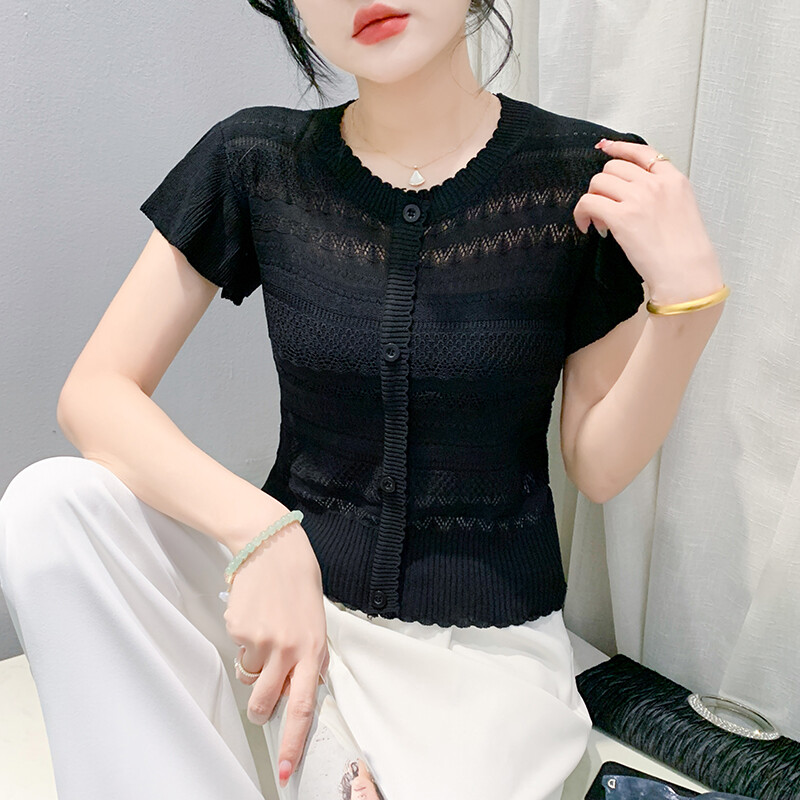 YIMEI 2024 Summer New Ice Silk Knitted T-shirt Women's French Small Fragrant Wind White Small Flying Sleeves Short Top