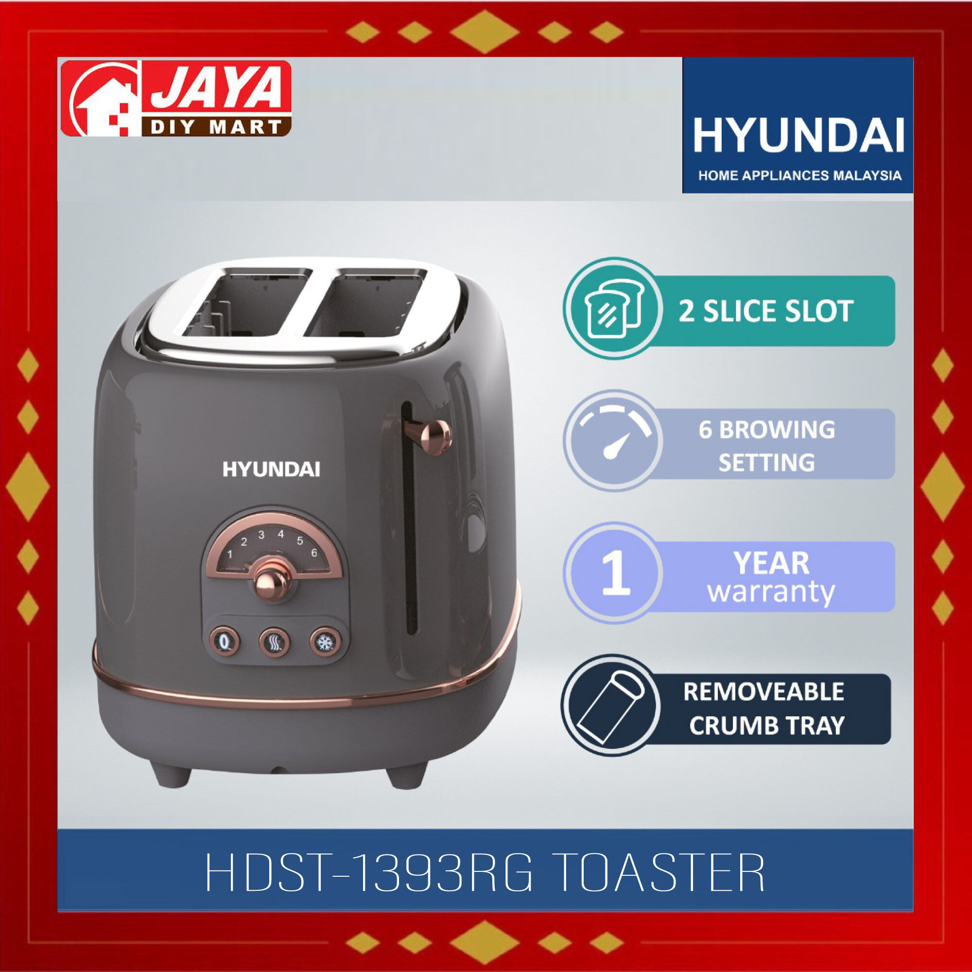 HYUNDAI 2 Slice Toaster HDST1393RG JAYA DIY MART Lazada