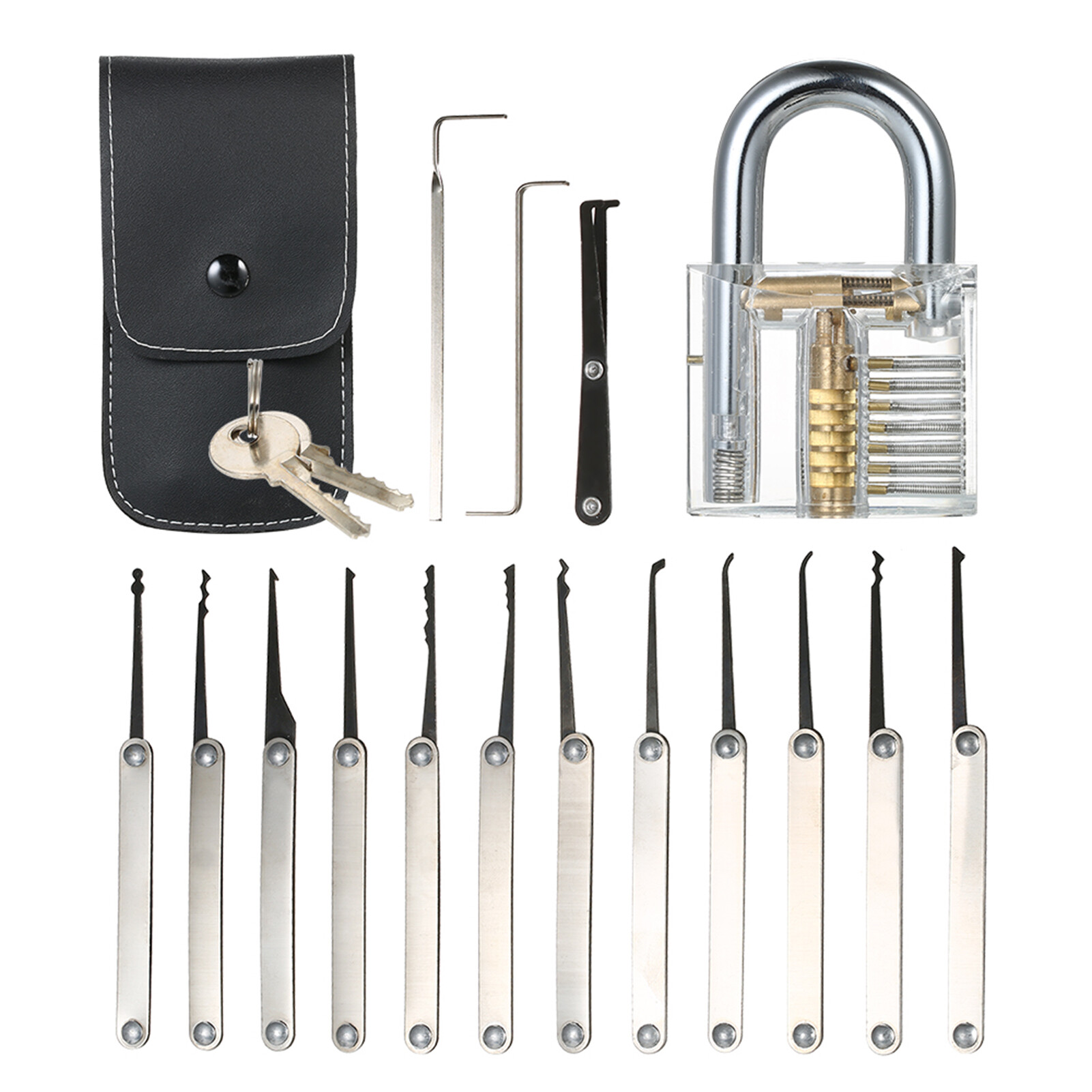 15pcs Lock Picking Set Kit Tool with Transparent Practice Training Padlock Lock for Locksmith Beginners and Professional