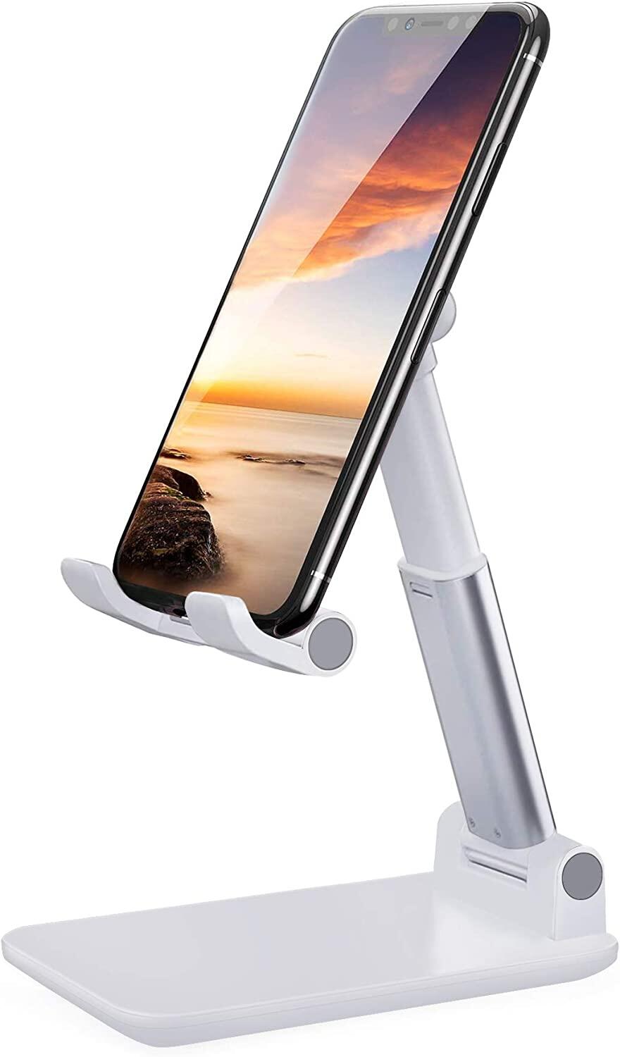 Phone Stand for Desk, Foldable Portable Adjustable Tablet Cell Phone Holder Charging Dock Cellphone Holder Office, Sturdy Mobile Stand Hand Metal Desktop Stand