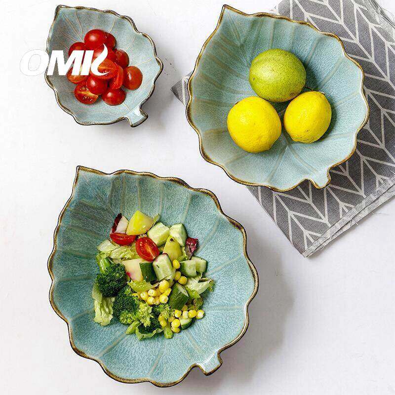 OMK Japanese Style Stoneware Leaf Shaped Salad Bowl Fruit Plate Ceramic Tableware Set