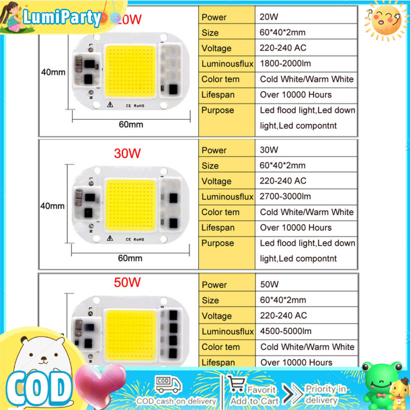 【Ready Stock】AC 220V 20W/30W/50W Free Driver High Pressure LED Chip COB Light Source
