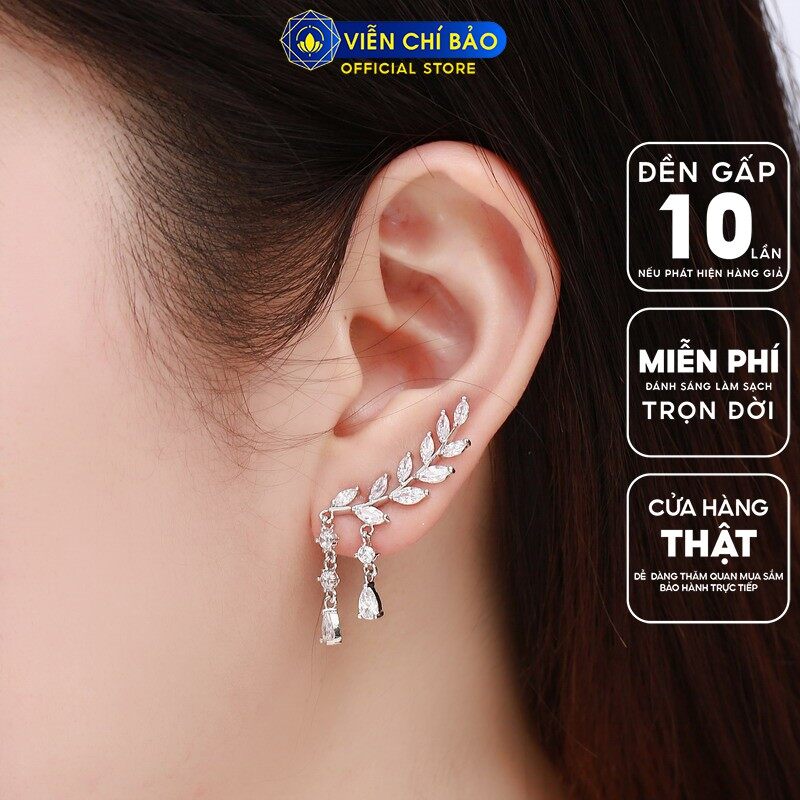 Bông tai bạc nữ Dương xỉ đính đá, khuyên tai nữ bạc 925 thời trang phụ kiện trang sức nữ Viễn Chí Bảo B400238