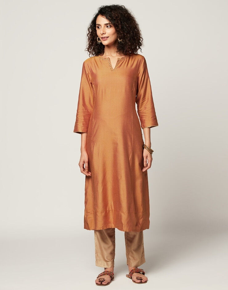 Orange Viscose Tussar Embroidered Slim 