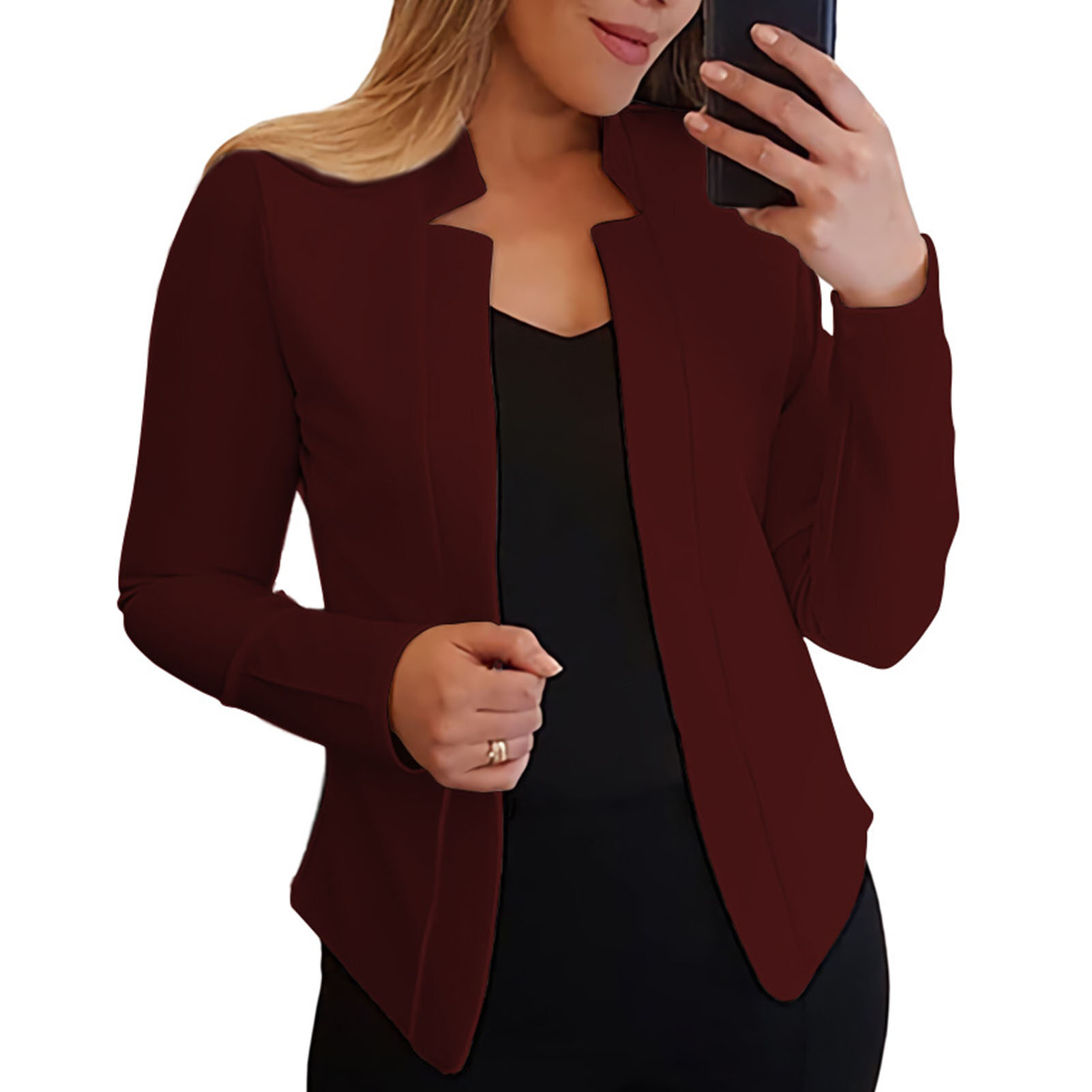 Long Sleeves Solid Color Slim Fit Women Blazer Office Work Notched Collar Open Stitch Cardigan Blazer Outerwear