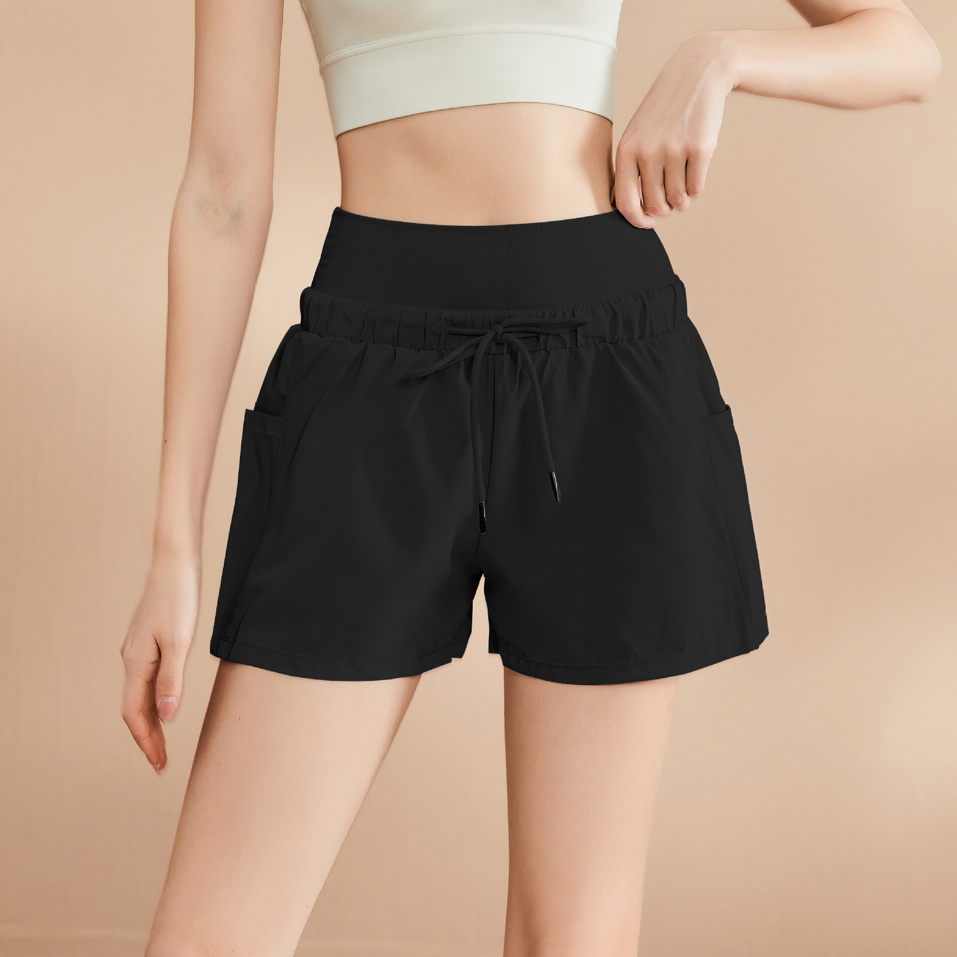 High Waist Sports Shorts Women's 2 in 1 Piece Drawstring Loose Yoga Fiess Breathable Tennis Running_voghion.com