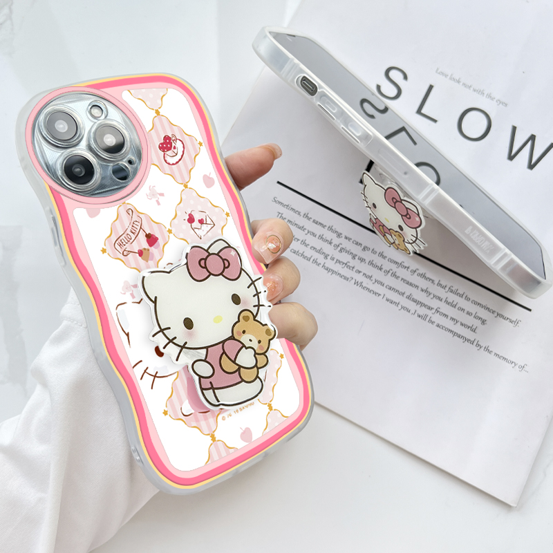 (With Free Holder) Jizetin Phone Casing For Xiaomi Redmi Note 10 Note 10S Note 10 Pro Note 10 5G Note 9 Note 8 Fashion Soft Wavy Phone Case Hello Kity Cat Cartoon Shockproof Cellphone Casing Full Cover Camera Protection
