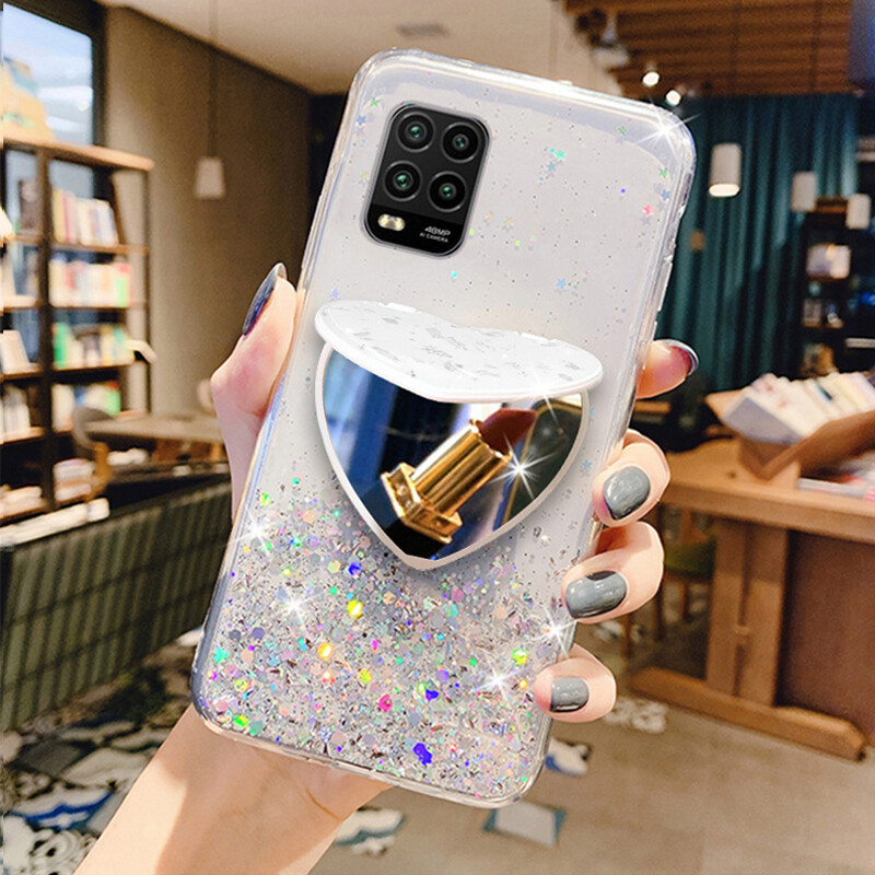 CrashStar Glitter Sequins Transparent Soft Phone Case With Love Heart Mirror For Samsung Galaxy S24 Ultra S23 + S22 S21 S20 Plus Note 20 A21S A51 A71 A70 A54 A53 A50 A30 A10 A21S Fashion Phone Cover Casing Shell Hot Sale