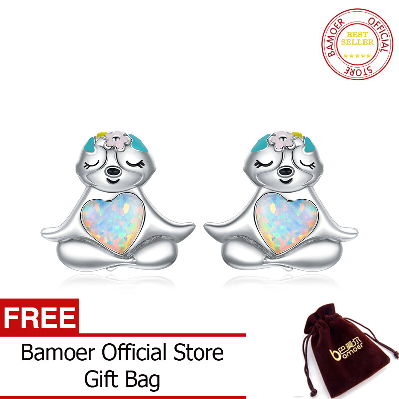 BAMOER Sloth Nails Silver Earrings 925 Sterling Silver Cute Animal Heart Opal Stud Earring Gift for Girl Party Jewelry BSE483
