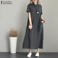 ZANZEA Đầm Sơ Mi Nữ Dài Cổ Cúc Váy Midi Ngắn Tay Ve Áo Đầm Kaftan