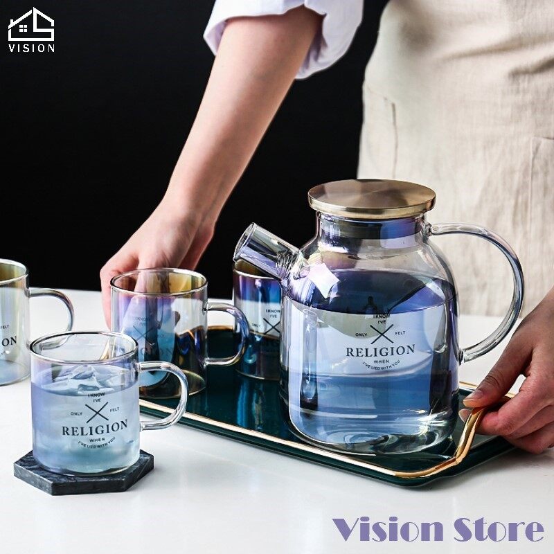 Vision Luxury Heating Water Kettle Nordic Dazzle Kettle Household Heat Resistance Water Jug Bottle Borosilicat Glass Juice Jug Bottle Large Capacity Teapot With Cup Filter Cold Drinkware