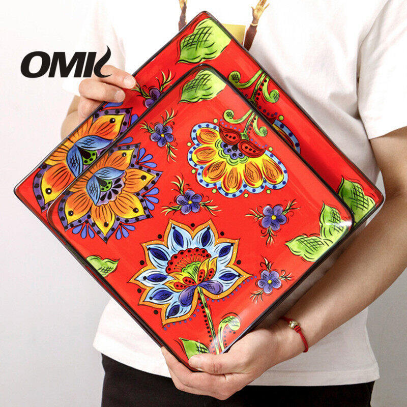 Omk phong cách Mỹ underglaze gốm bộ đồ ăn đĩa ăn tối Đĩa sâu món tráng miệng hình bầu dục khay salah bát