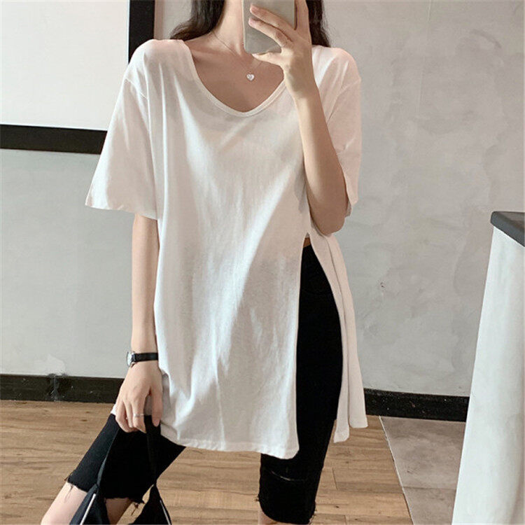 Side Slit Loose Short-sleeved T-shirt Women V-neck Casual Top