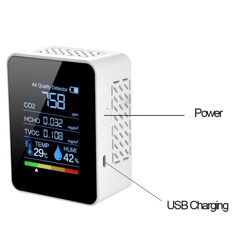 Cảm Biến Thông Minh Đa Chức Năng 5in1 CO2 Meter, Kỹ Thuật Số Nhiệt Độ Độ Ẩm Tester, Máy Dò TVOC Carbon Dioxide Giám Sát Chất Lượng Không Khí