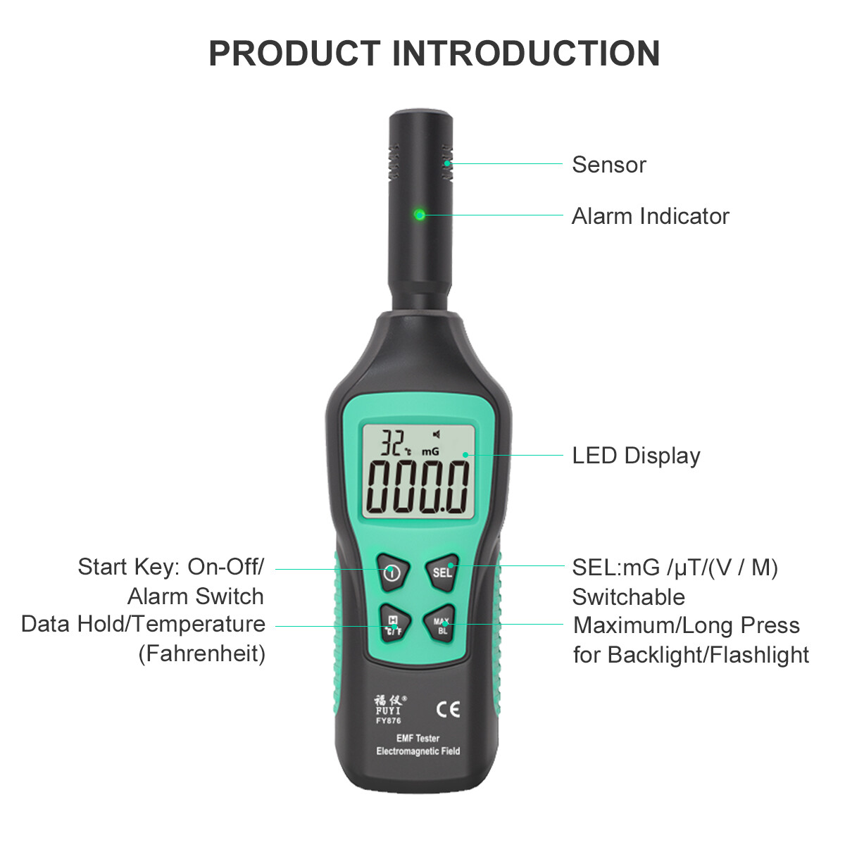 Máy Đo EMF Cảm Biến Thông Minh, Máy Dò Bức Xạ Điện Từ, Máy Kiểm Tra Bức Xạ Sóng Điện Từ Độ Chính Xác Cao Cầm Tay Gia Dụng Máy Theo Dõi Bức Xạ FY876 Màu Đen
