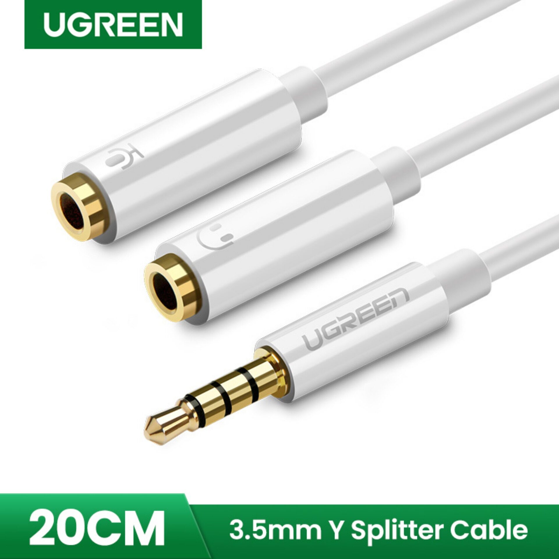 White UGREEN Headphone Splitter for Computer 3.5mm Female to 2 Dual 3.5mm Male Headphone Mic Audio Y Splitter Cable Smartphone Headset to PC Adapter