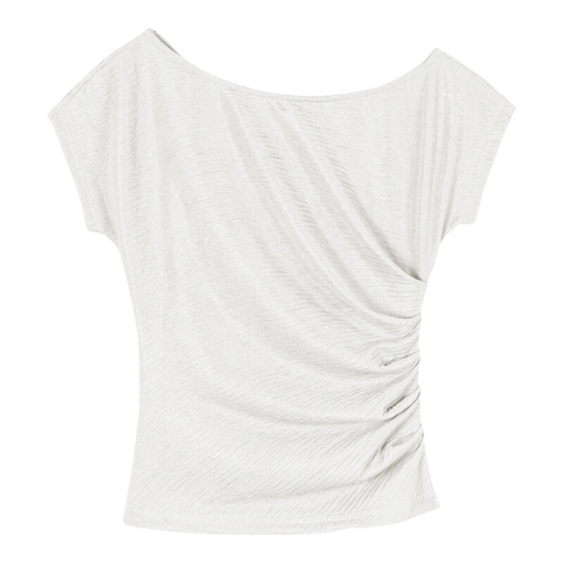 XIYUYI Pleated Off Shoulder Clavicle Top Women's Slanted Shoulder White T-Shirt