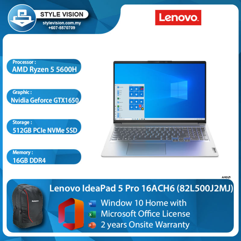 Lenovo Ideapad 5 Pro 16ACH6 (82L500J2MJ) (R5-5600H/16GB DDR4/512GB SSD/16 WQXGA/GTX1650/W10/2yr Onsite/OPI) Malaysia