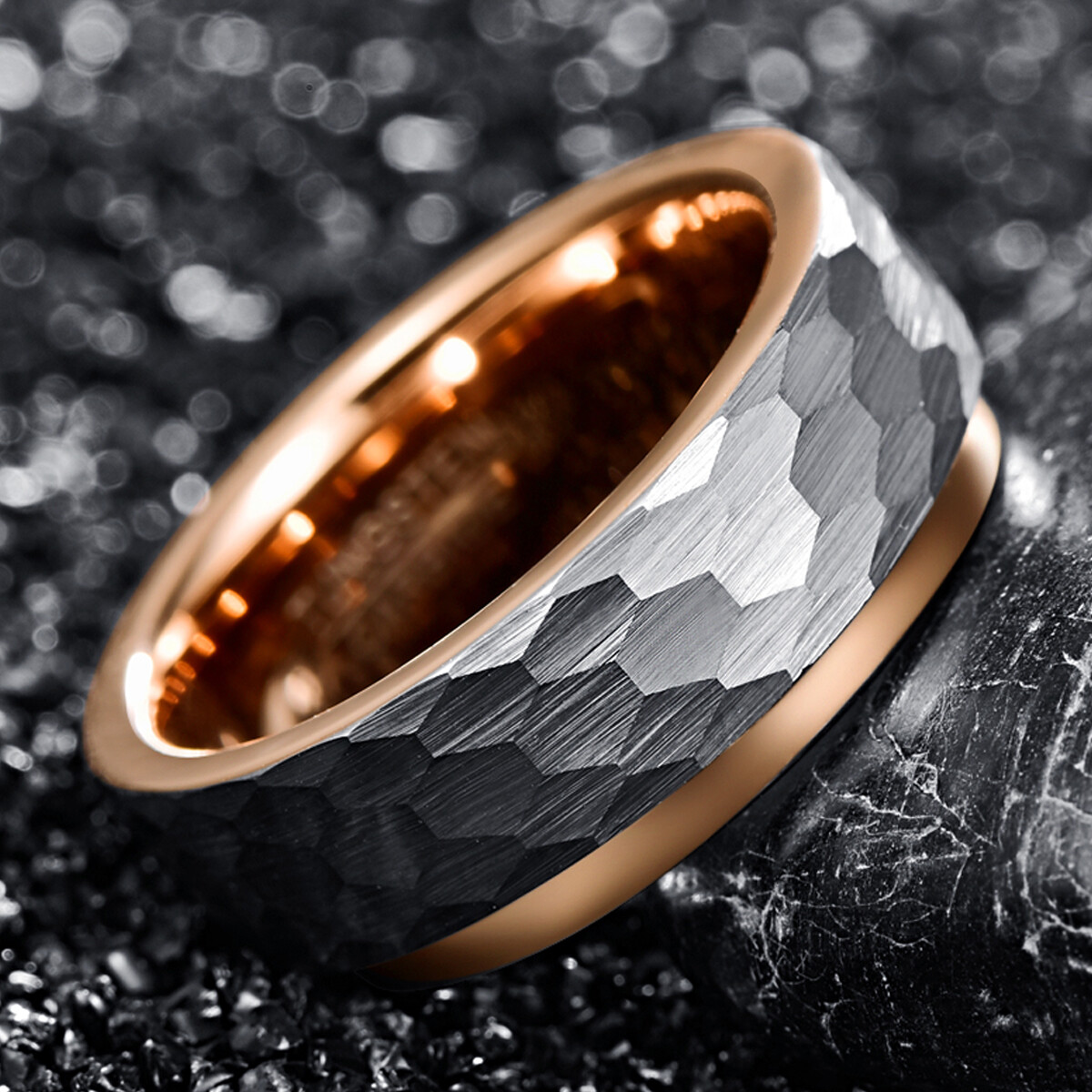 8mm Tungsten Carbide Ring Side Step Rose Gold Plating Surface Hammered Tungsten Steel Ring