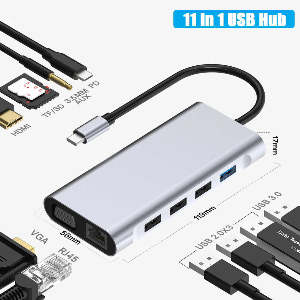 READ 11 in 1 USB Type C Hub Type-C Đến HDMI 4K VGA Bộ chuyển đổi RJ45 Lan Ethernet SD...