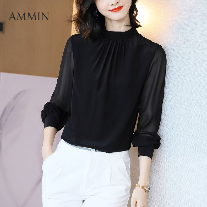 AMMIN long-sleeved silk shirt For women new style black stand-up collar large size drape satin mulberry silk shirt fashion loose top