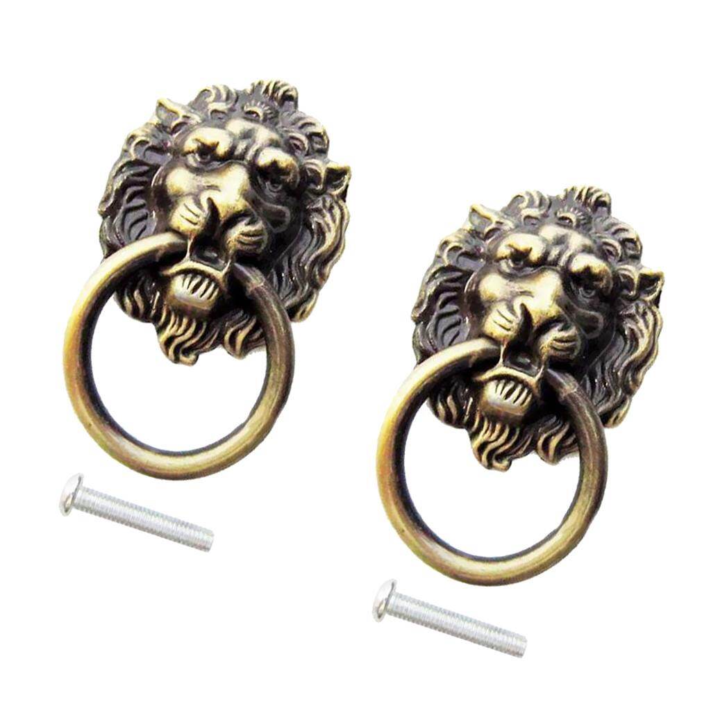 kokiya 2x Antique Brass Door Handle Wardrobe Drawer Dresser Bin Pull Knob Lion Head