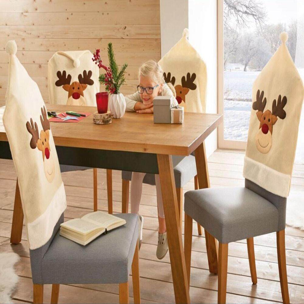 【iloverosemerry】hristmas Hat Chair Cover Xmas Santa Claus Deer Elk Dining Chair Covers for