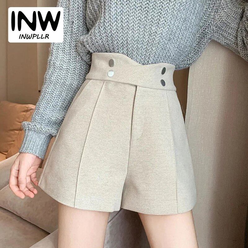INWPLLR New Arrivals Autumn Women Shorts Korean High Waist Woolen Shorts For Women Elegant Wide Leg Shorts Large Size