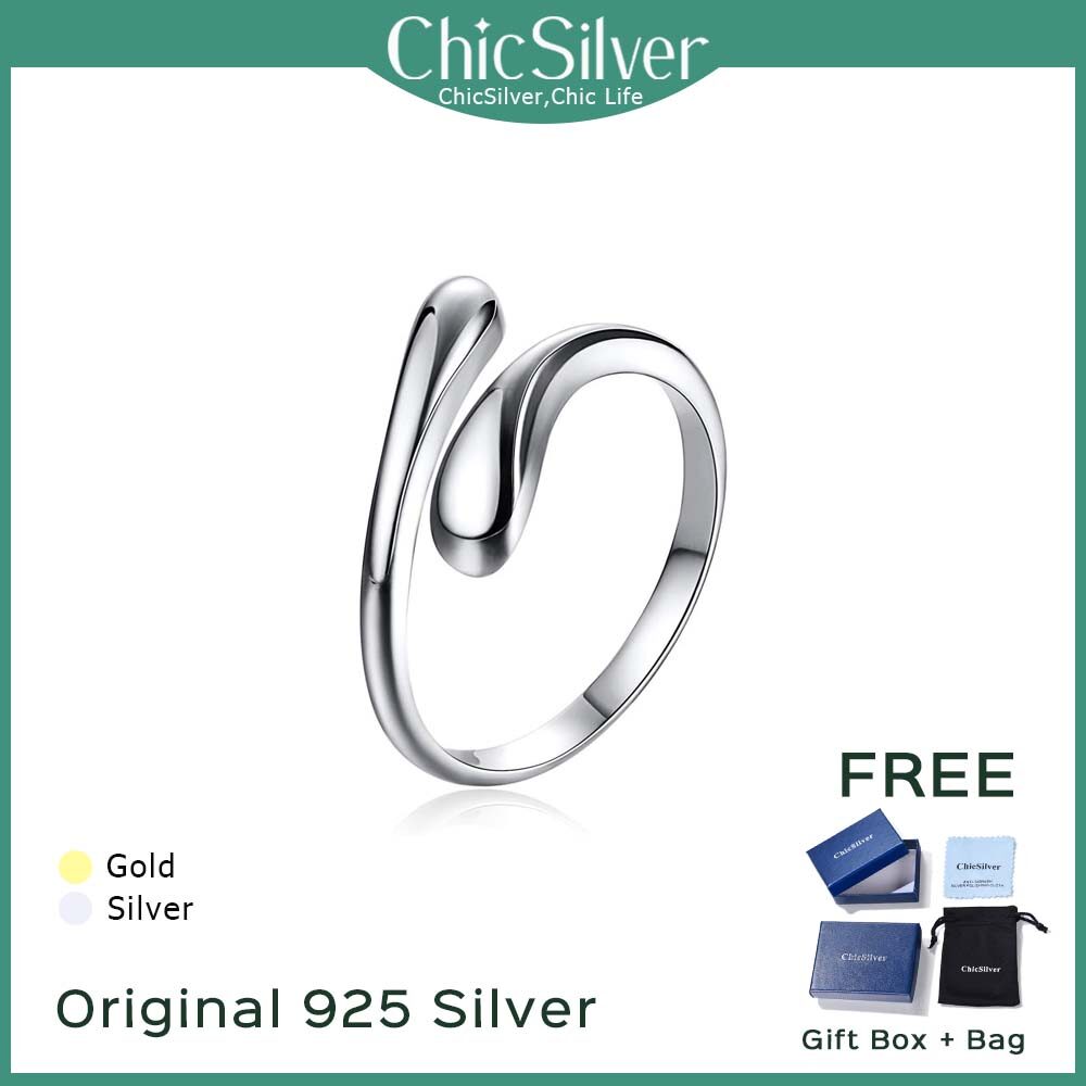 ChicSilver Nhẫn Bạc Ý 925 Nhẫn Hở Đánh Bóng Cao Hình Giọt Nước Tối Giản Nhẫn Vĩnh Cửu Nhẫn Cưới Cho Nữ