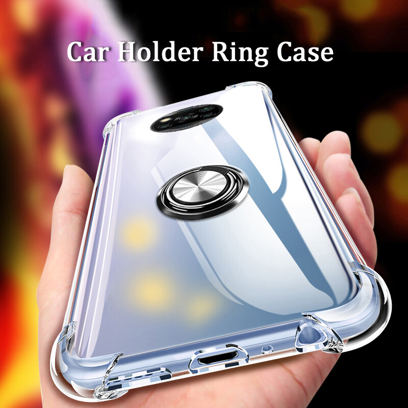 [HCM]Soft Air Phone Case for xiaomi Poco X3 Full Cover Shockproof Magnetic Car Ring Stand Cover Poco phone X3 NFCTransparent Casing 360 ° Holder Ring