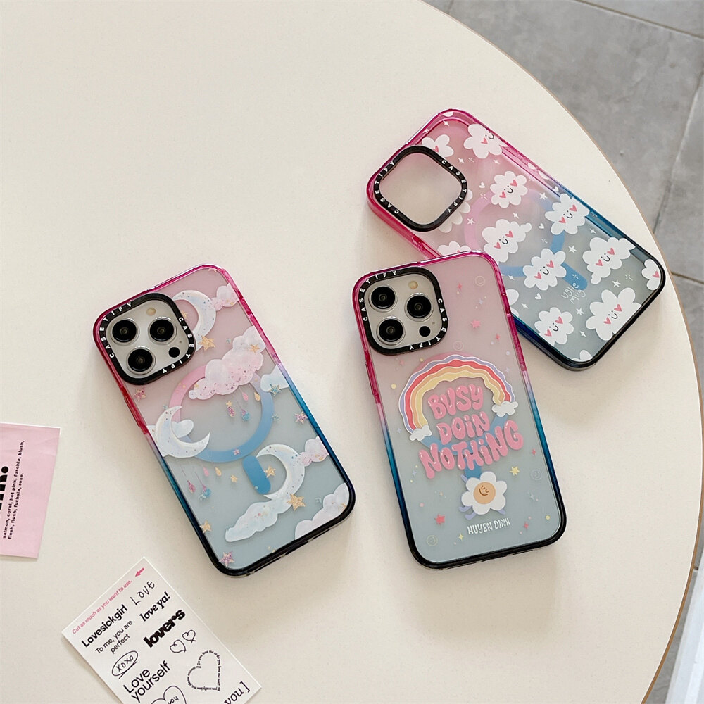 Moon Clouds Magsafe Compatiable Gradient Acrylic Case for iPhone 15 14 13 12 11 Pro Max 14 Plus Magsafe Phone Case Clear Premium Quality Wireless Charge Support Hard Acrylic Clear Phone Protective Shockproof Transparent Case Cover