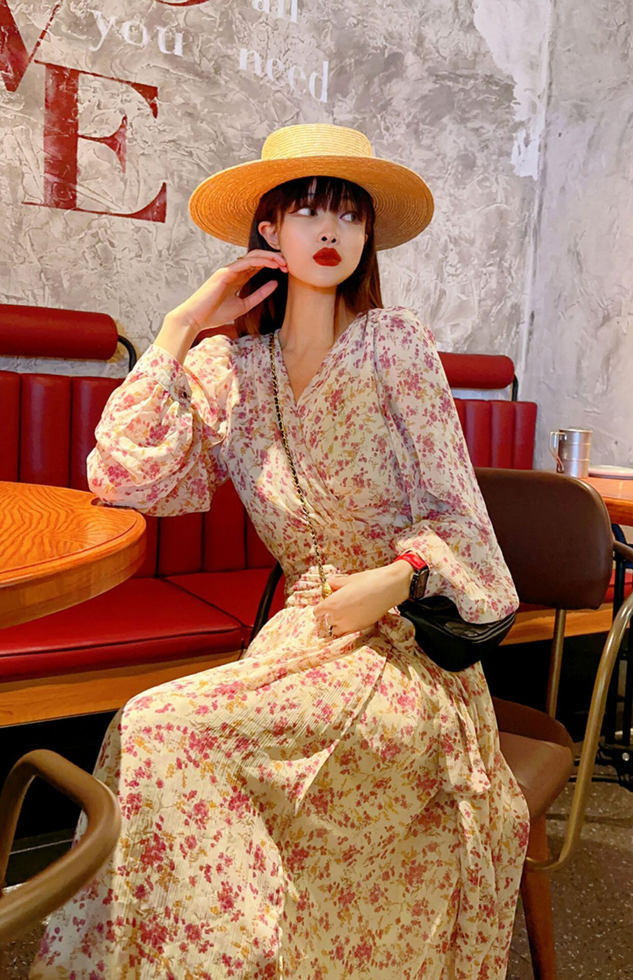 Misslibo Fashion S-2XL Women's Red Flower Yellow Dress Short sleeved Puff Sleeves 2023 Summer New French Vintage Waist Slimming Long Skert